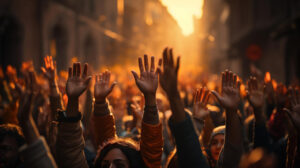 foto che riprende una serie di mano alzate, manifestanti