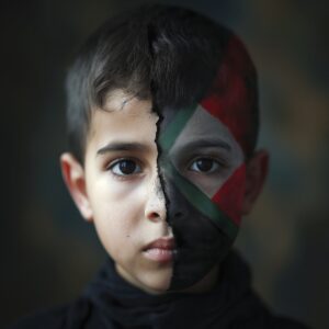 Bambino con metà faccia disegnata con i colori della bandiera di Palestina